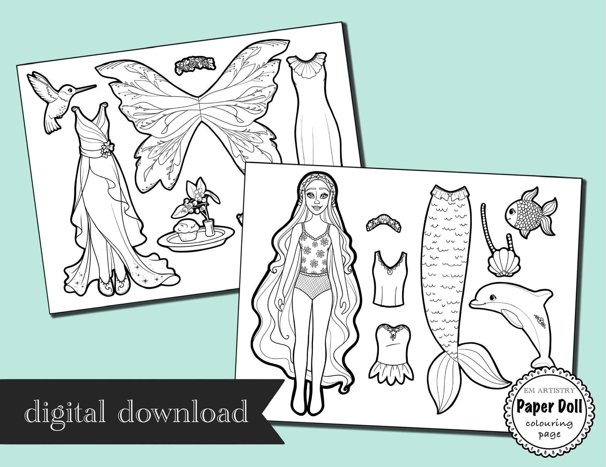 Paper doll digital fairy wings mermaid tail colouring pages for kids party favors for kids coloring pages fairy coloring page