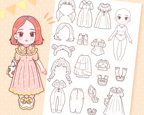 Summer vacation look digital paper doll instant download printable paper doll coloring pages fashion illustration