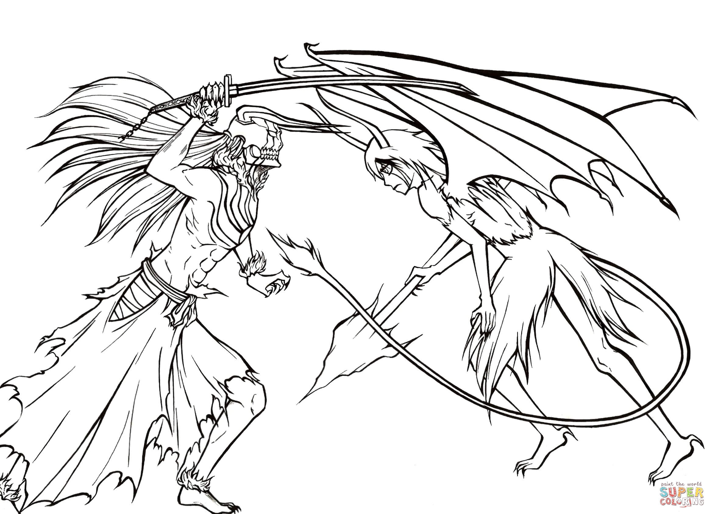 Ichigo kurosaki versus ulquiorra cifer from manga bleach coloring page free printable coloring pages