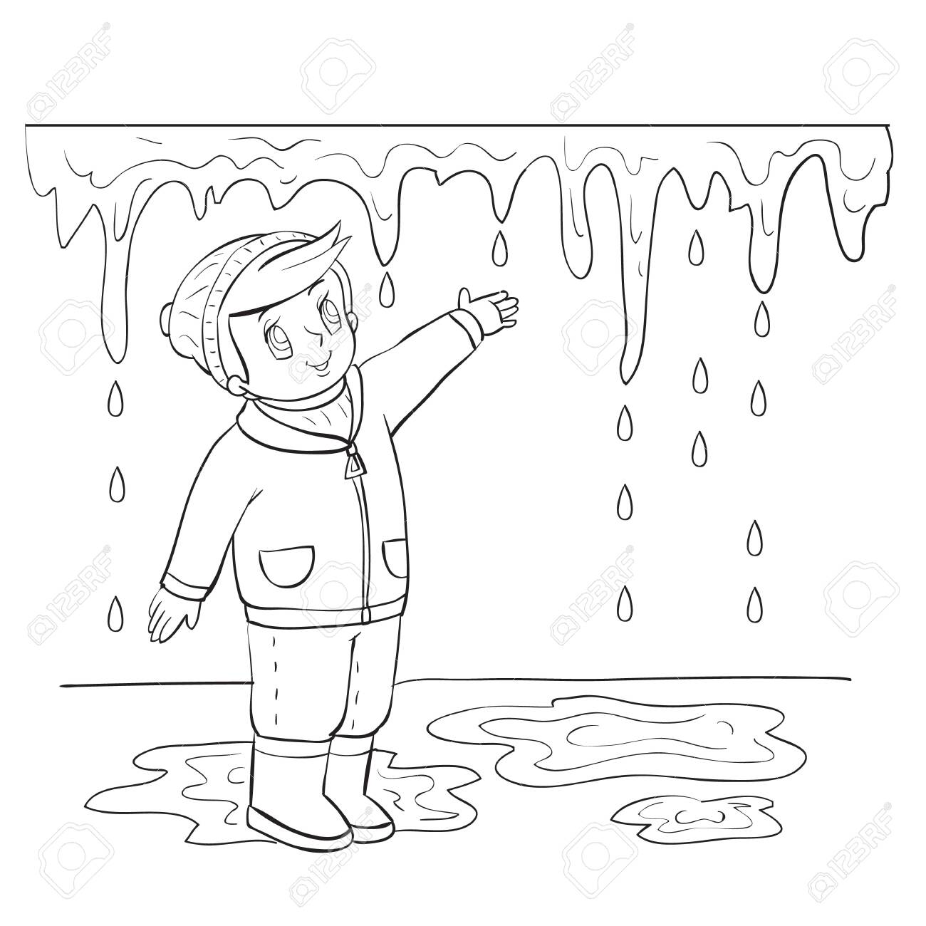 Spring boy tries to reach the icicle that melts in the sun outline drawing coloring isolated object on a white background vector illustration royalty free svg cliparts vectors and stock illustration image
