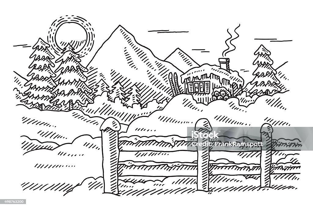 Idyllic winter mountain landscape drawing stock illustration
