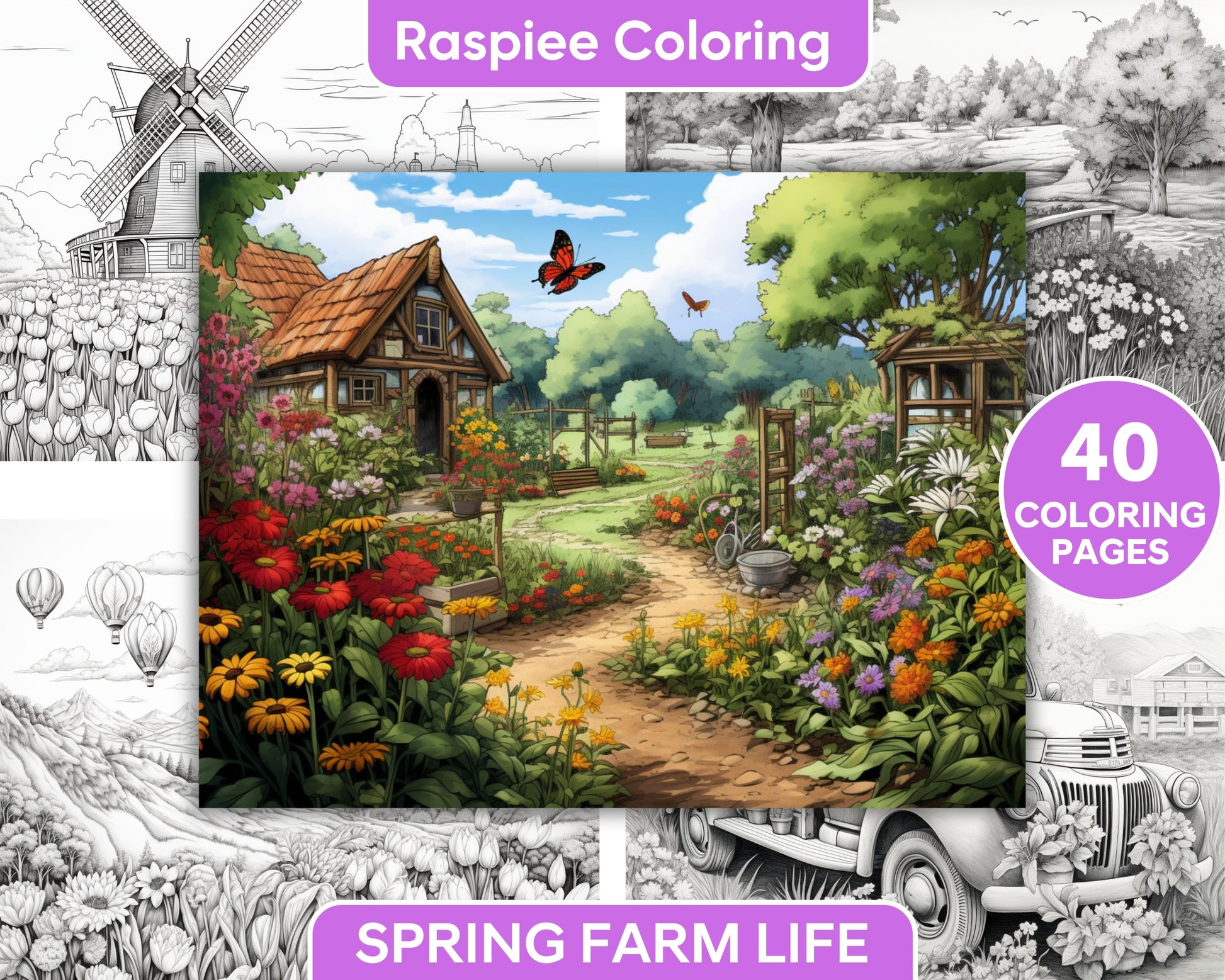 Spring farm life grayscale adult coloring pages printable pdf inst â coloring