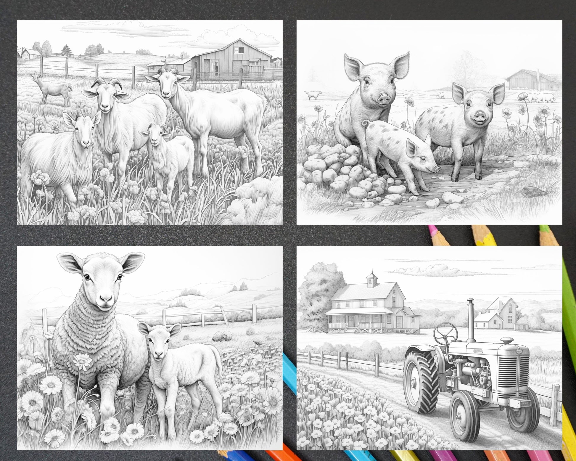 Spring farm life grayscale adult coloring pages printable pdf inst â coloring