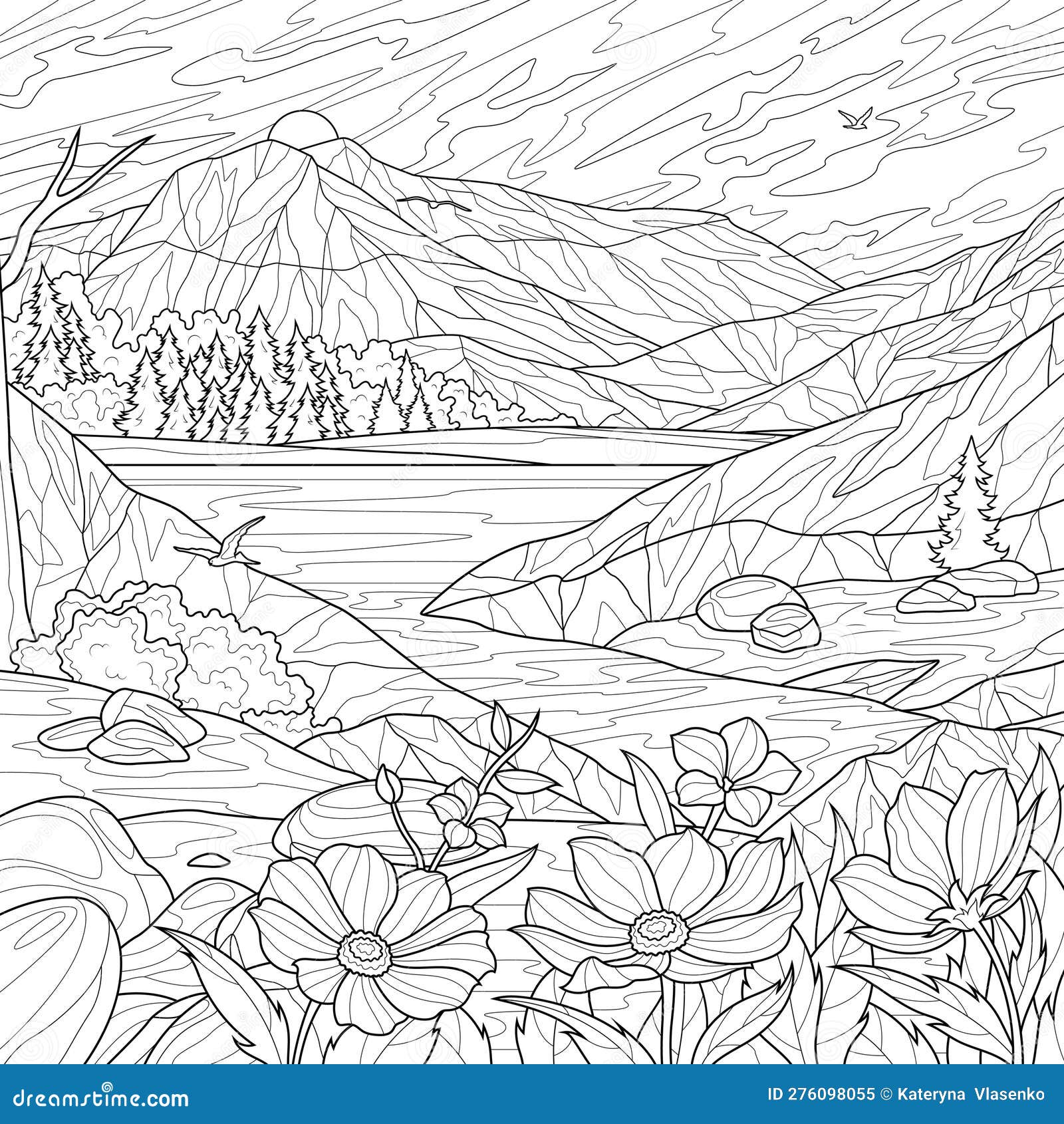 Landscape with flowers mountains and a rivercoloring book antistress for children and adults stock vector