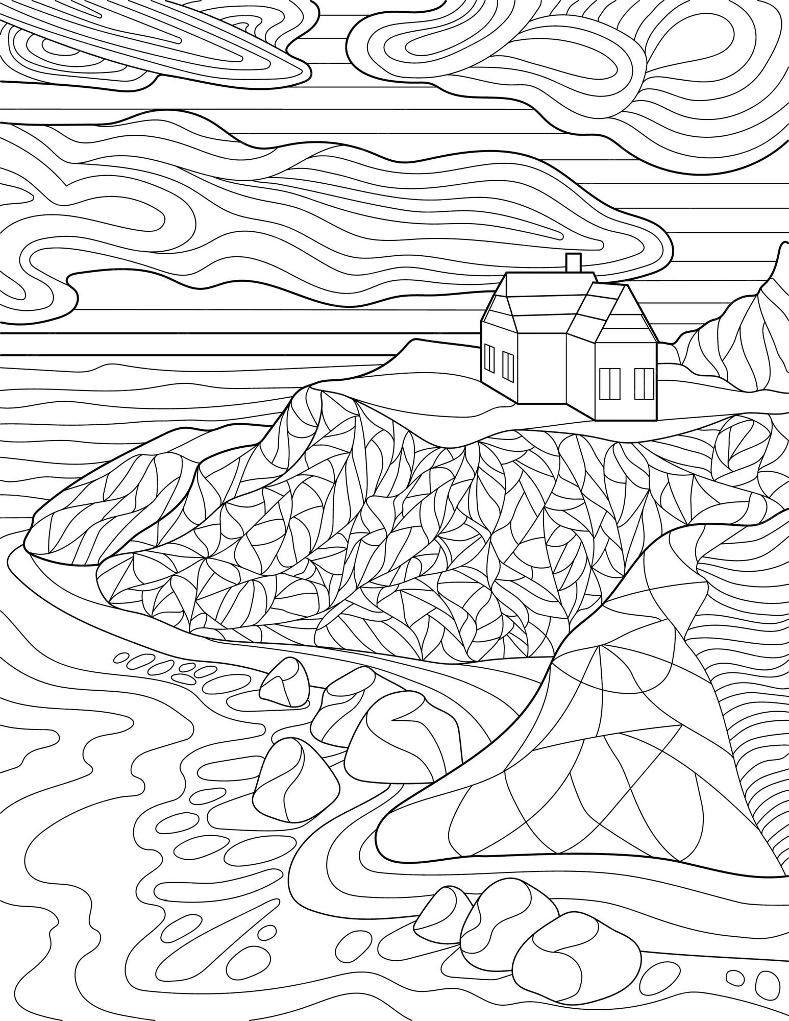 Premium vector coloring page with detailed house on hill clouds rocks and ocean sheet to be colored with home on top of cliff and see below idyllic building beside water
