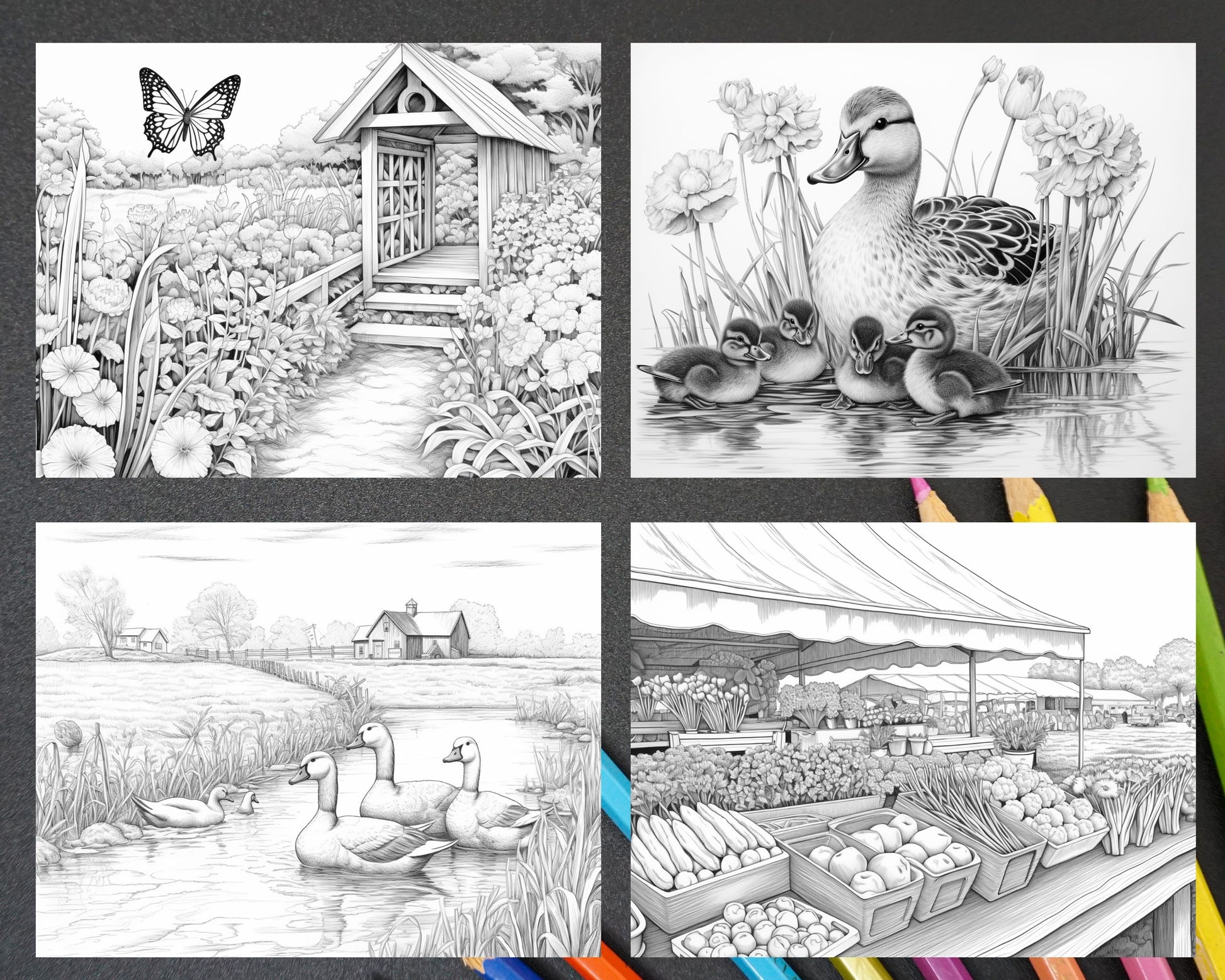 Spring farm life grayscale adult coloring pages printable pdf inst â coloring