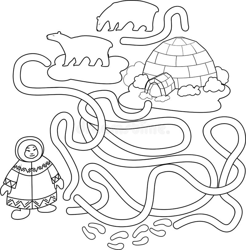 Coloring page help the eskimo find the way to igloo stock vector