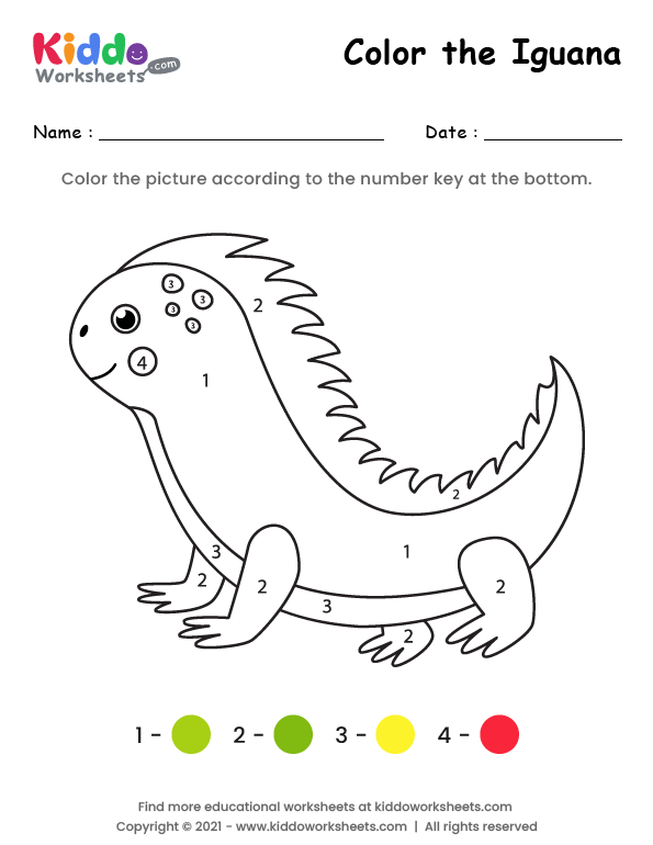 Free printable color the iguana worksheet