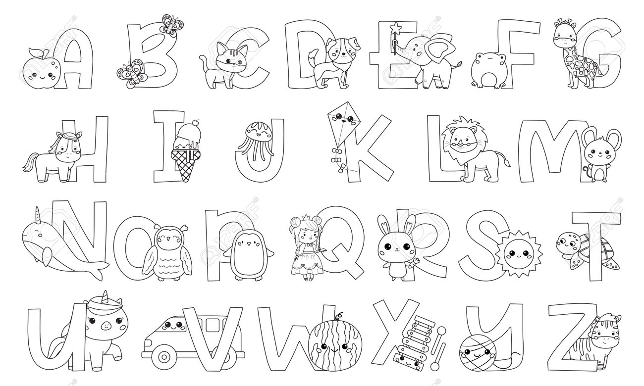 Coloring page with english alphabet letters cute animals birds food and objects funny abc for kids children education kawaii cartoon characters coloring book vector illustration royalty free svg cliparts vectors and stock