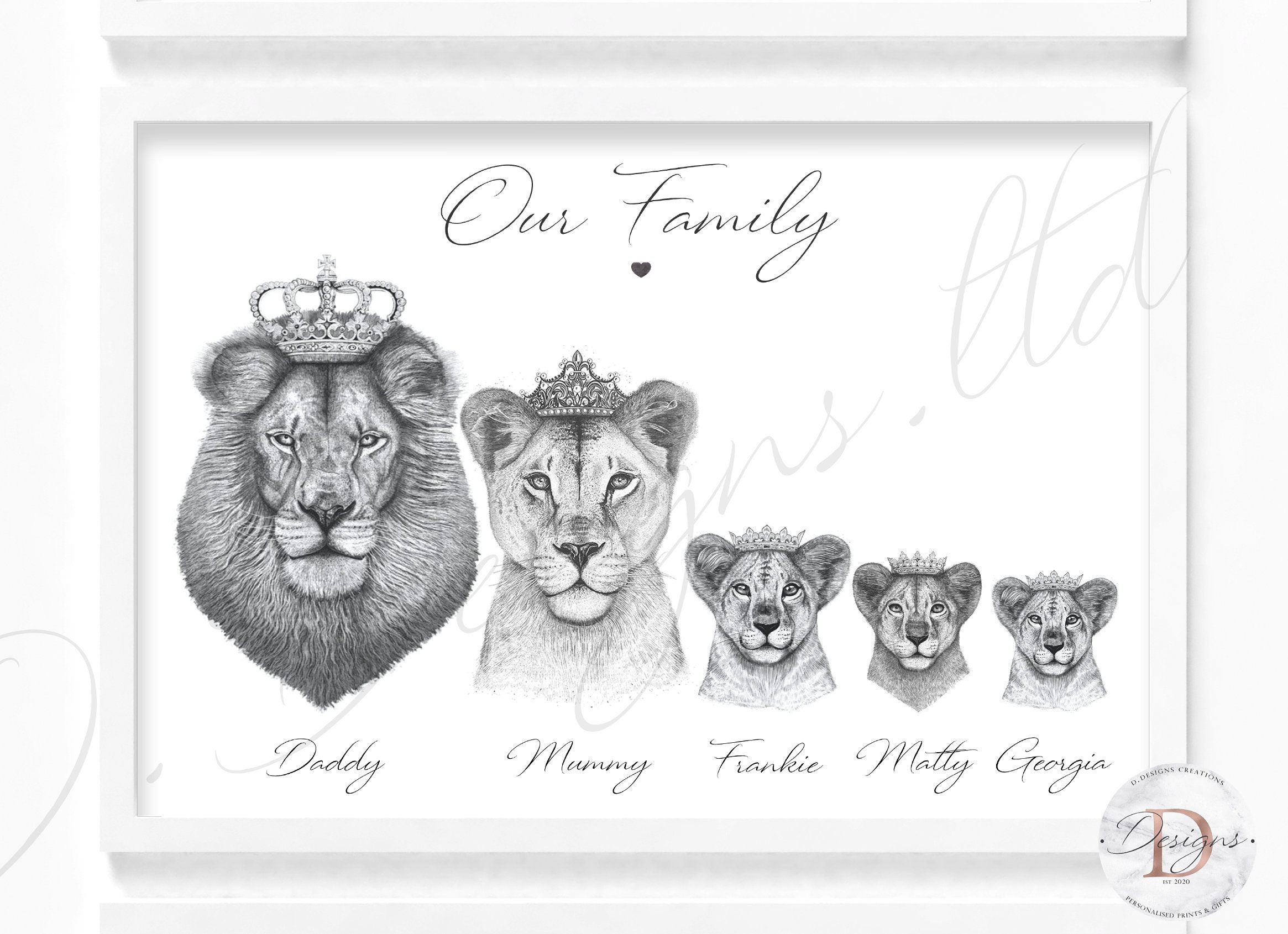 Personalised lion familycouple prints king queen cubs customised