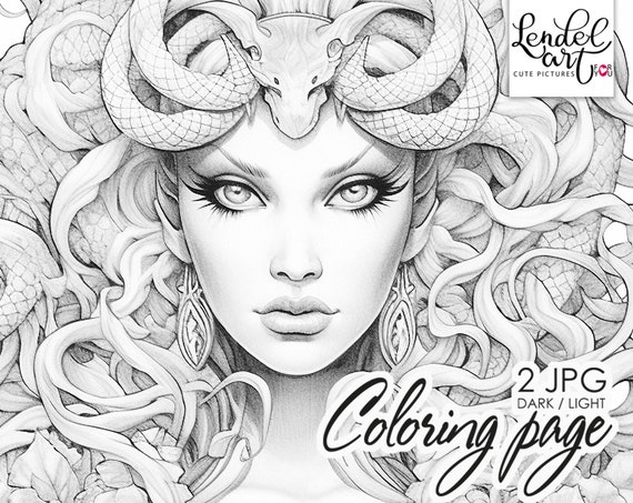 Medusa gorgon pãgina para colorear para adultos pãgina para colorear en escala de grises retrato de niãa descarga instantãnea jpeg