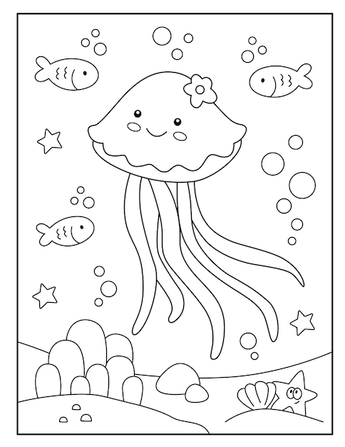 Linda pãgina para colorear de medusas para niãos vector premium