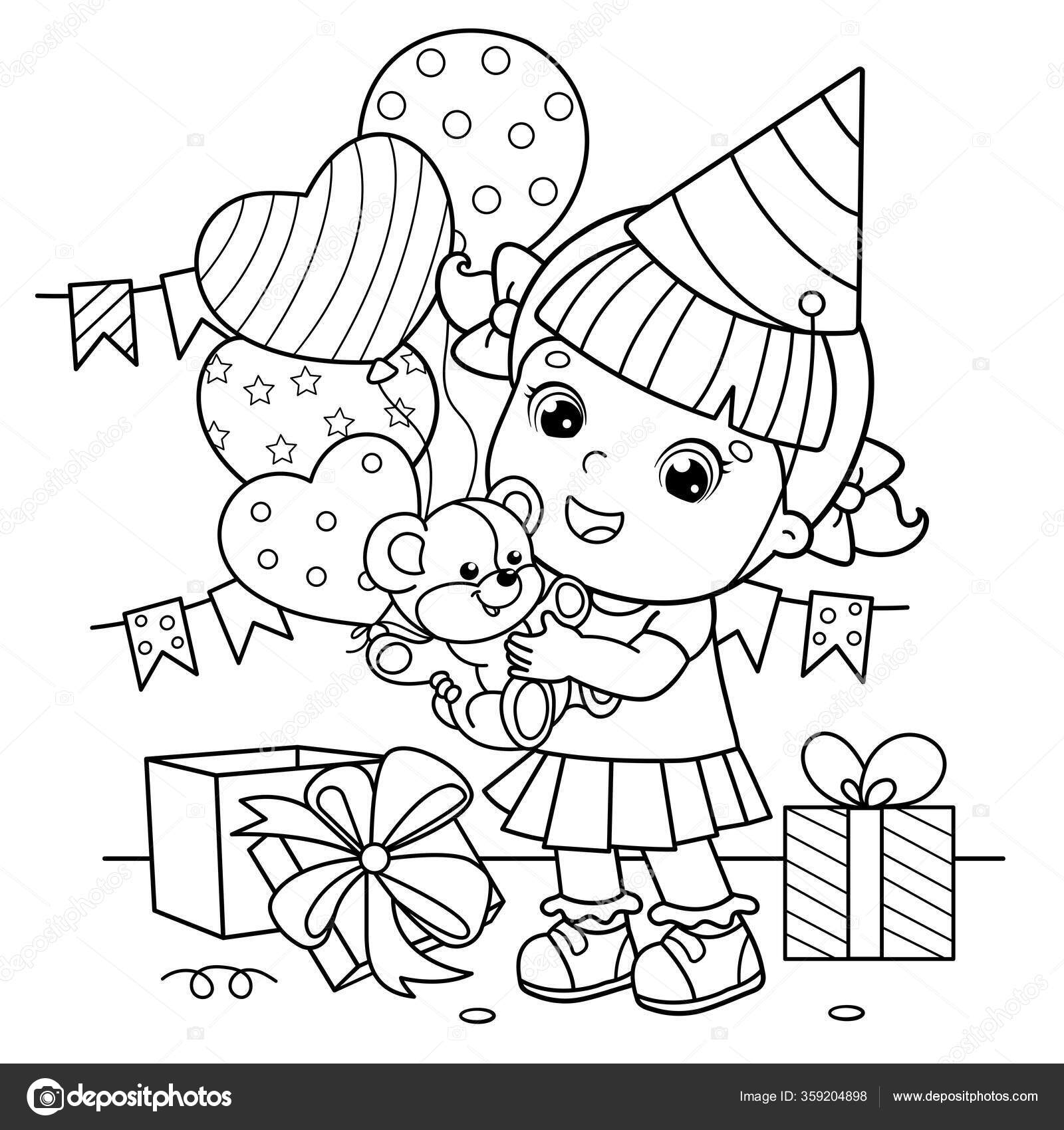 Pãgina para colorear esquema una chica dibujos animados con globos vector de stock por oleon