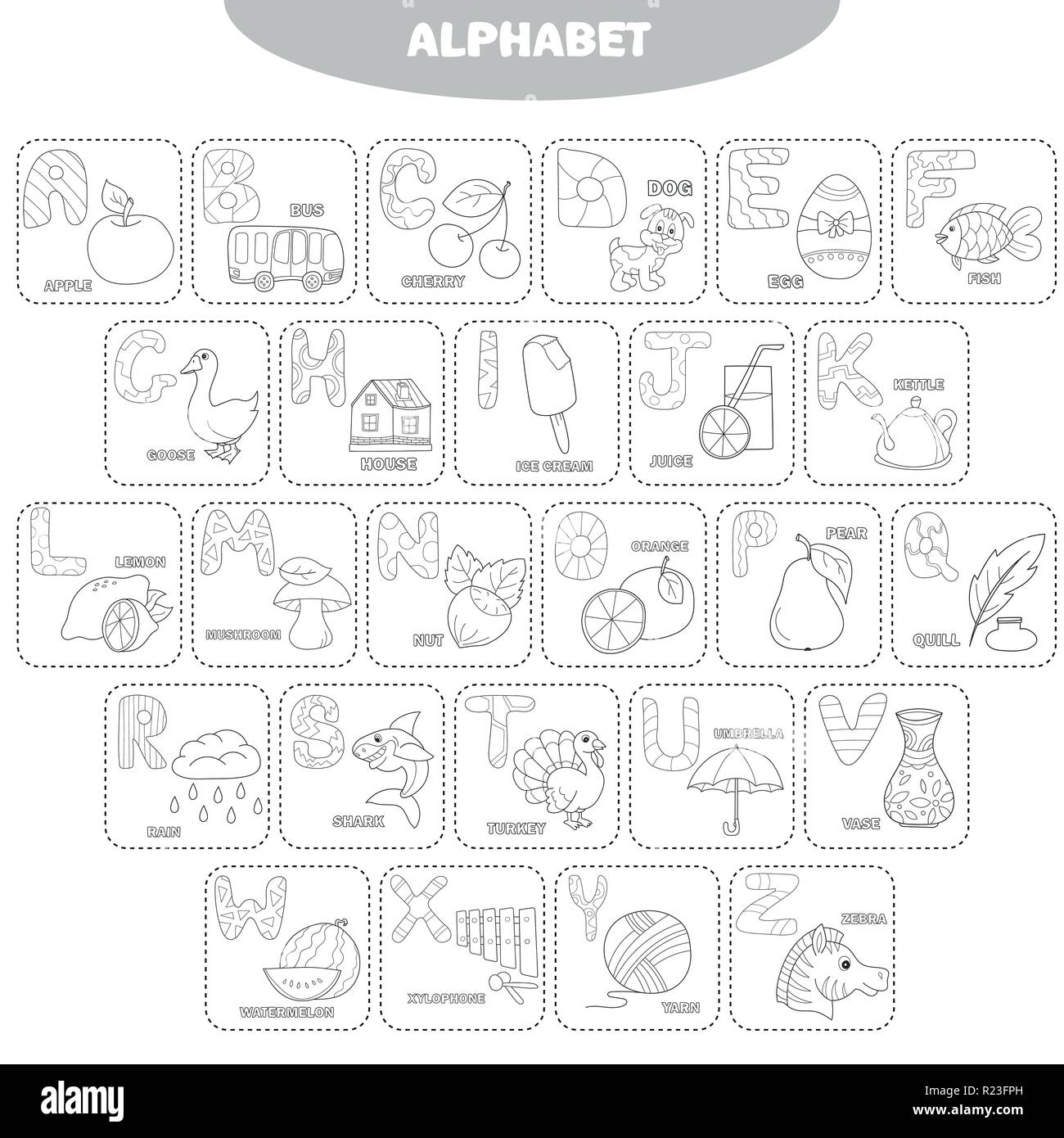 Coloring page english alphabet with pictures and titles for children education stock vector image art