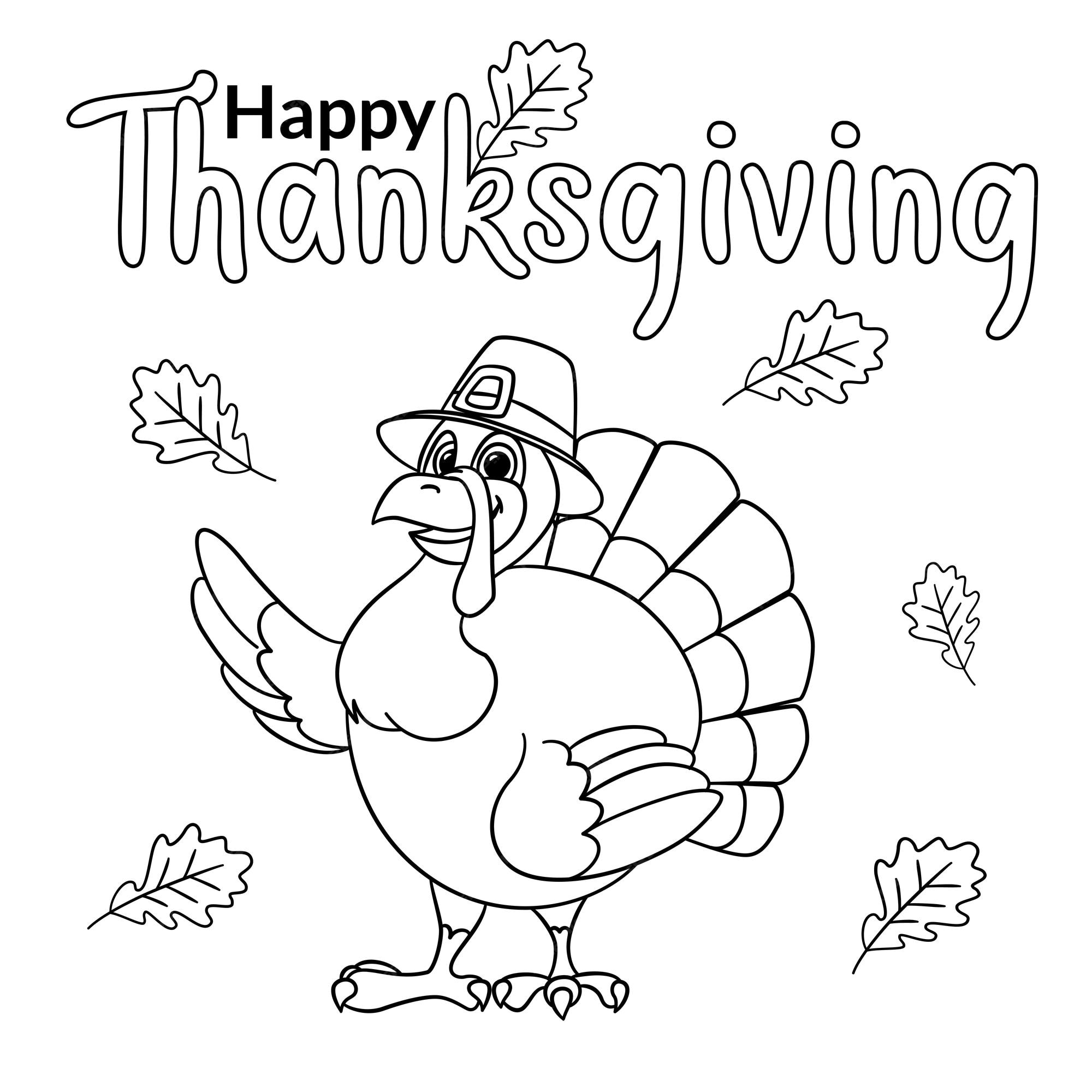 Premium vector cute cartoon turkey wearing a pilgrim hat wishes happy thanksgiving day outlined for coloring page on white background
