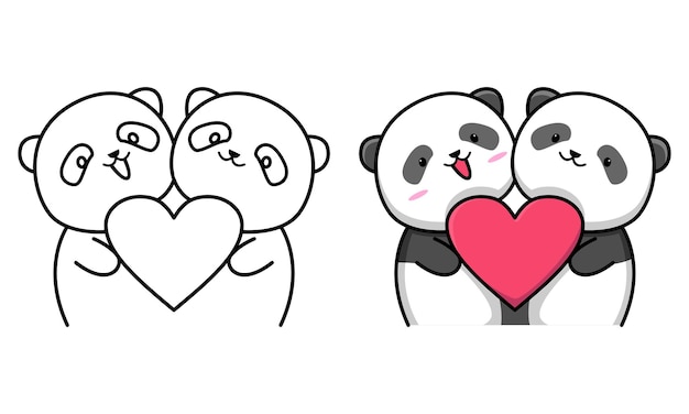 Premium vector cute couple panda holding love sign coloring page for kids