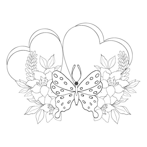 Premium vector floral bouquet with love shape line art coloring pages for kids and adult