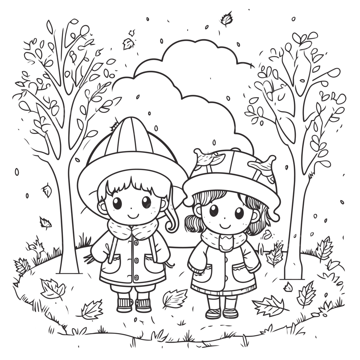 Dibujo de dos niãos tãn caminando en el bosque otoão para colorear paginas de vector png dibujos dibujo de otoão dibujo de ala dibujo de anillo png y vector para dcargar gratis