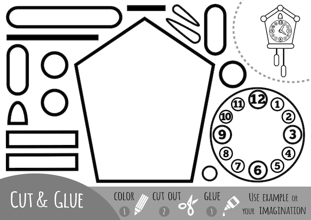 Juego de papel educativo para niãos reloj de cuco usa tijeras y pegamento para crear la imagen vector premium