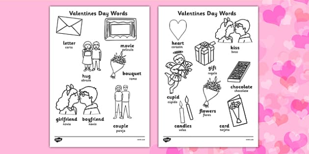 A hoja de lorear bilingãe san valentãn en inglãs