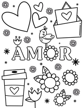 Printable colouring page for valentines day spanish english german