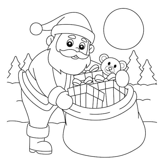 Premium vector christmas santa claus with bag coloring page