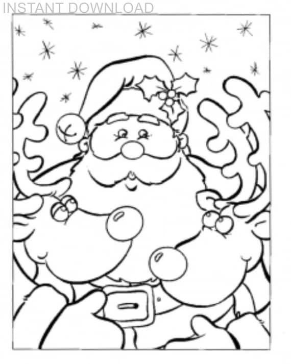 Printable x santa and reindeer coloring pageinstant downloaddigital fileplus bonus