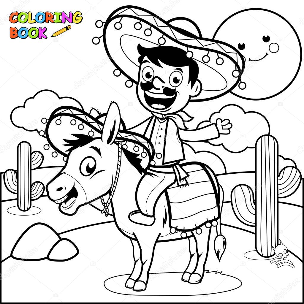 Un mexicano montando un burro en el desierto pãgina para colorear en blanco y negro vector de stock de stockakia