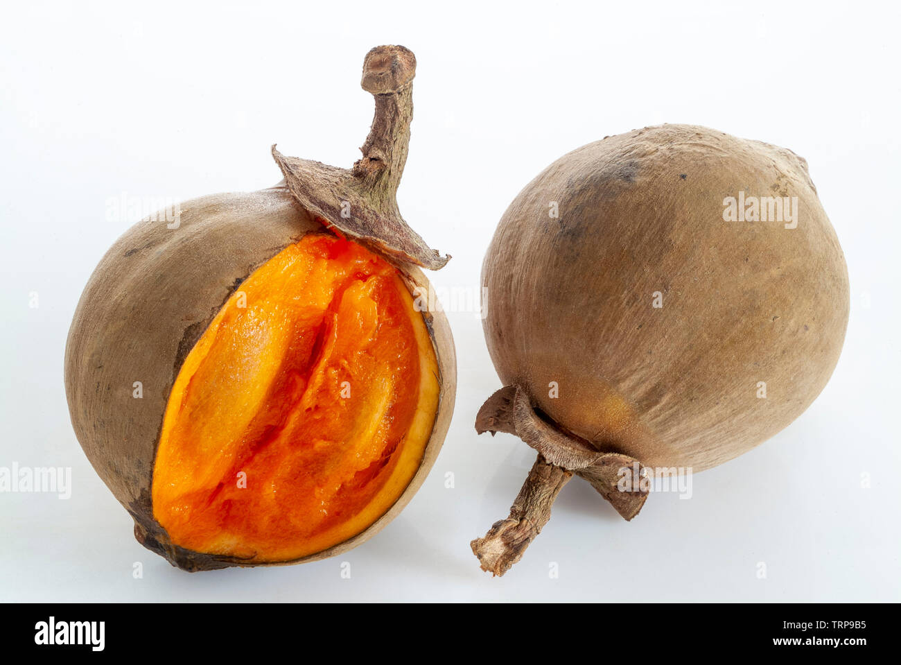 Zapote frutas exãticas con una corte abierta para revelar el color naranja brillante dentro de carne fotografãa de stock