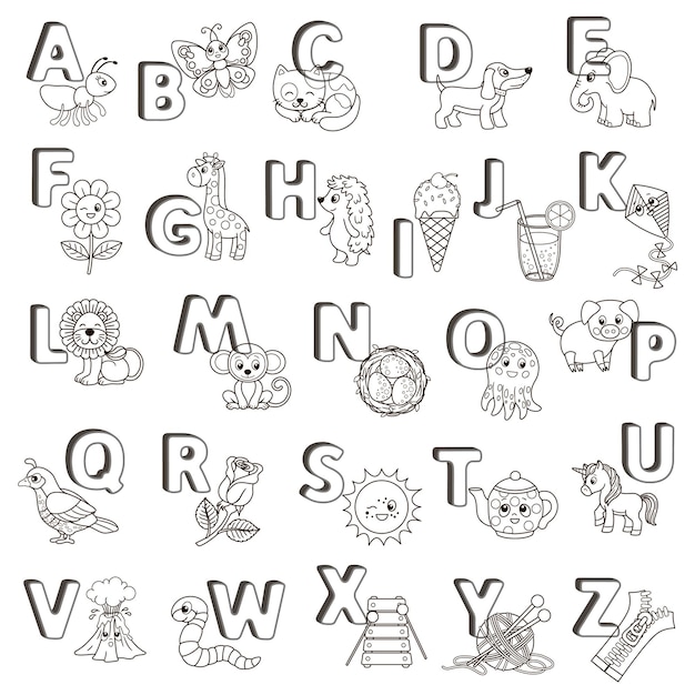Cartel de abc de vector letras mayãºsculas del alfabeto inglãs con lindos dibujos animados de animal y cosas pãgina para colorear para jardãn de infant y educaciãn precolar tarjetas para tudiar inglãs