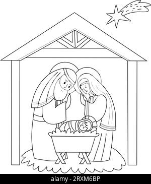 Navidad sagrada familia linda virgen marãa san josã y el nião jãºs nacimiento del salvador cristo ilustraciãn vectorial quema de dibujo a mano doodle para xma imagen vector de stock