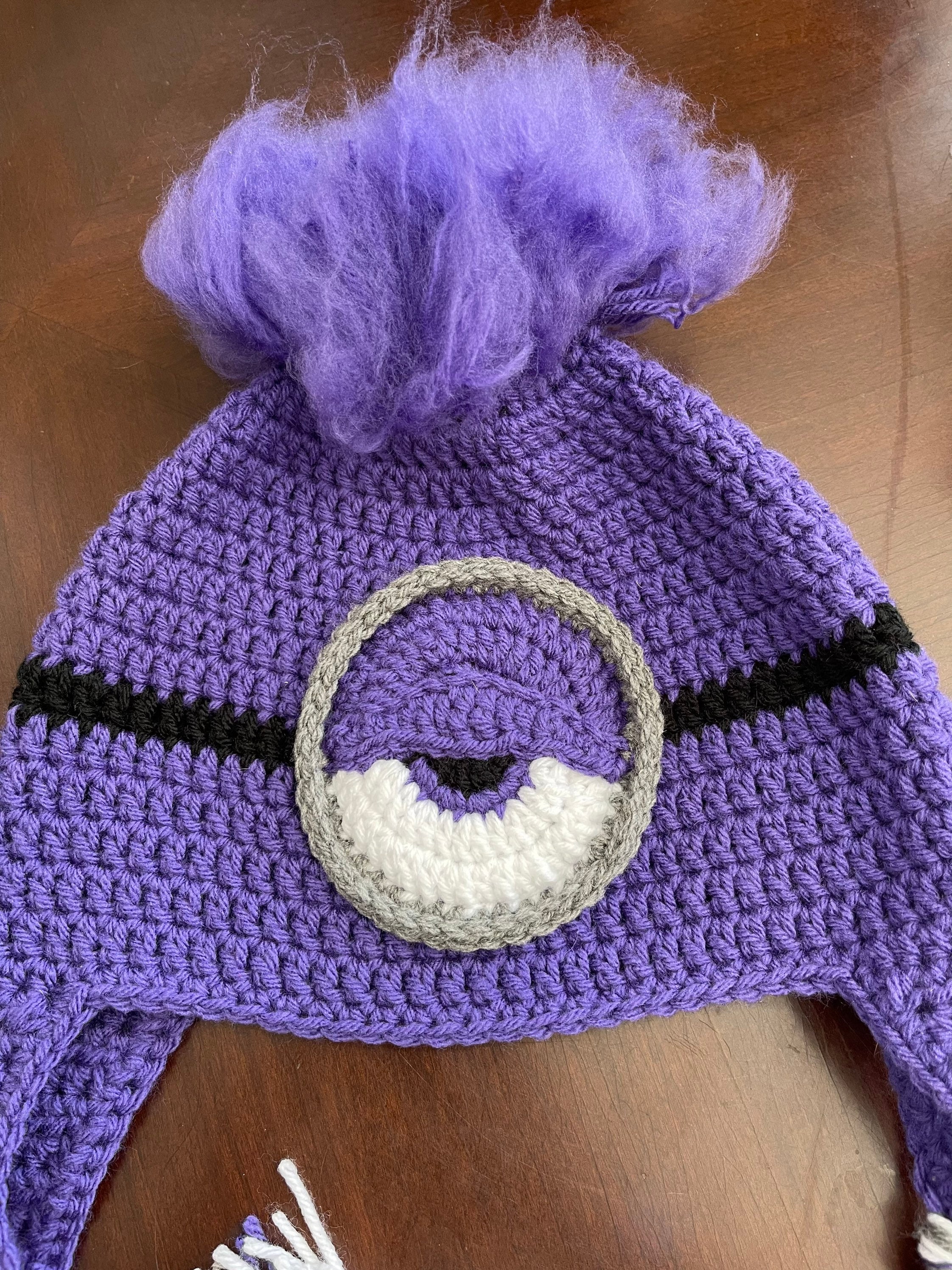 Handmade crochet evil purple minion beanie with ear flaps and