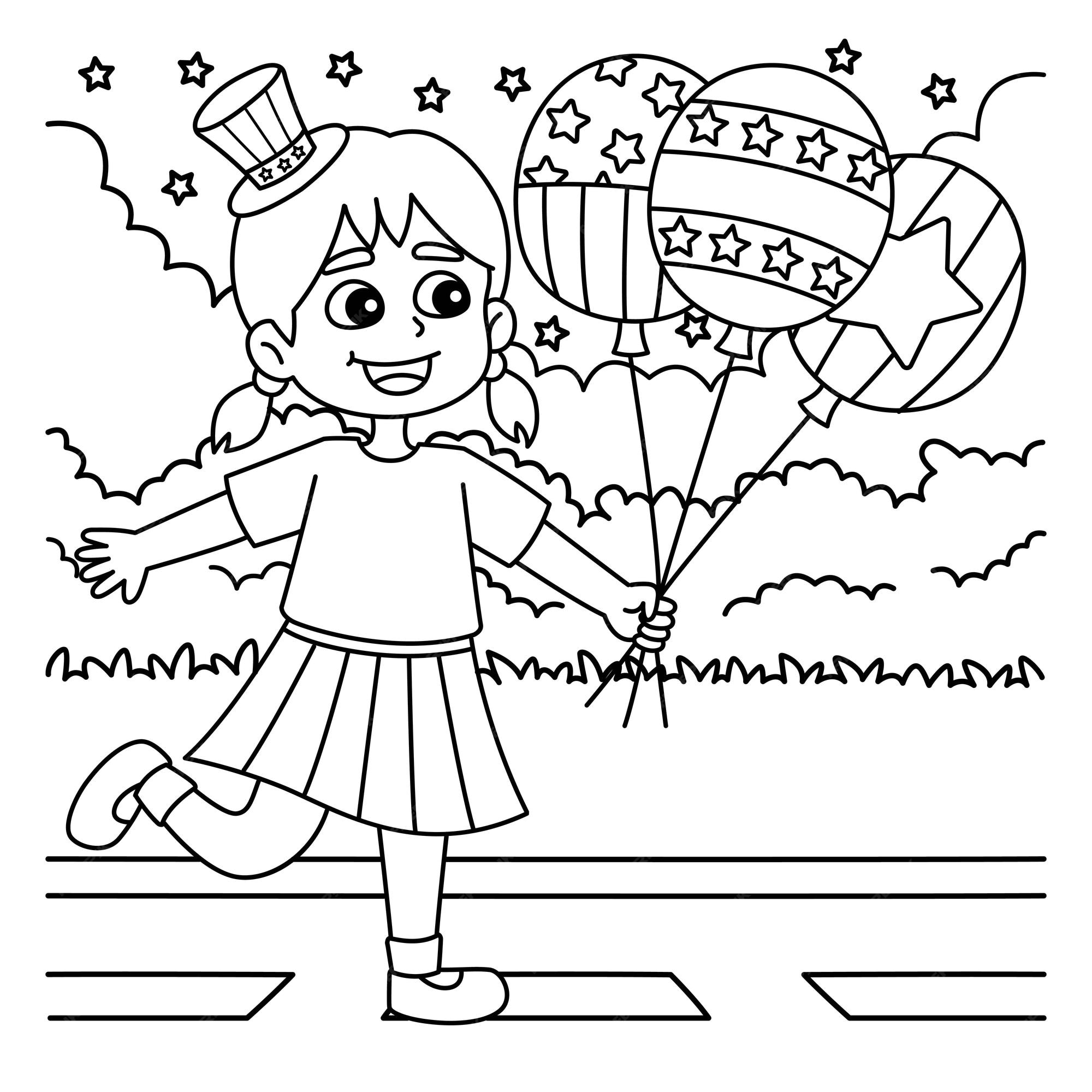 Premium vector th of july girl holding balloons coloring page
