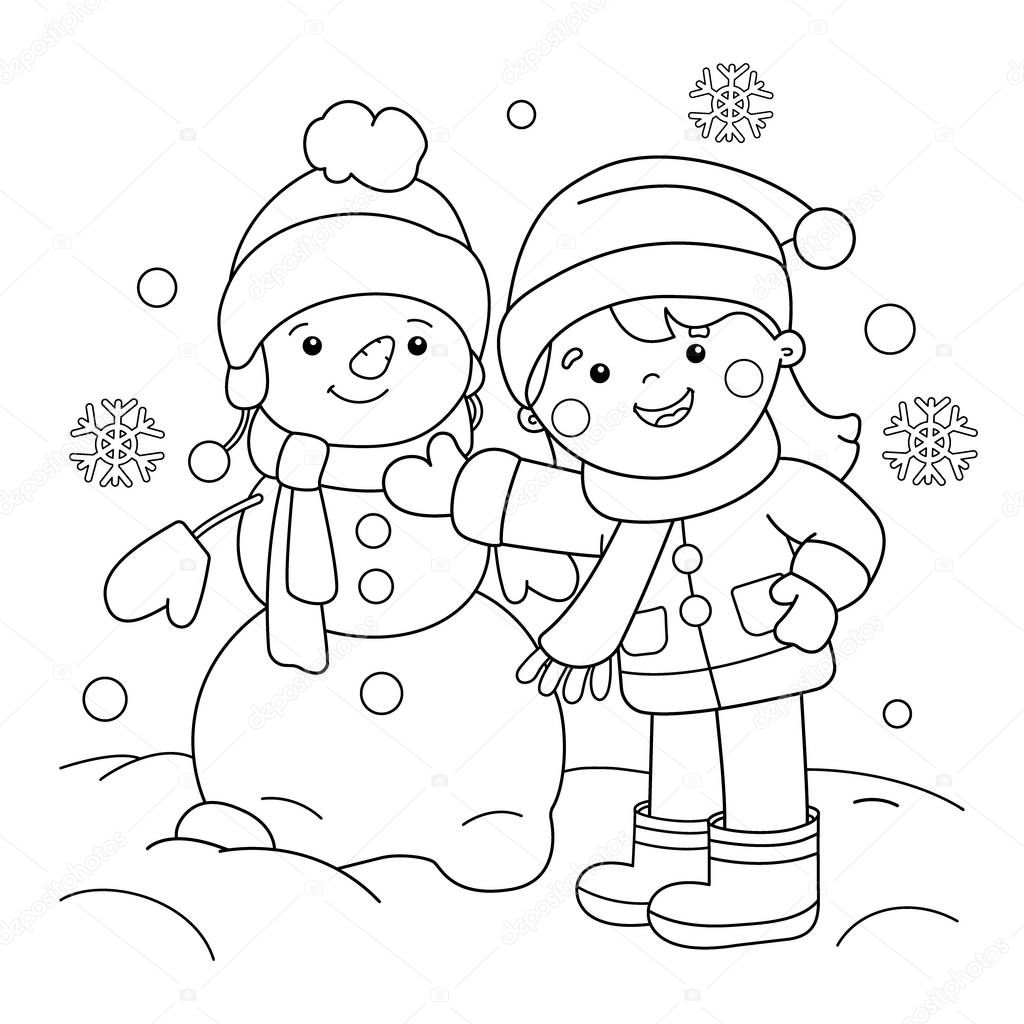 Pãgina para colorear esquema de la chica de dibujos animados haciendo muãeco de nieve el invierno libro para colorear para niãos vector de stock de oleon