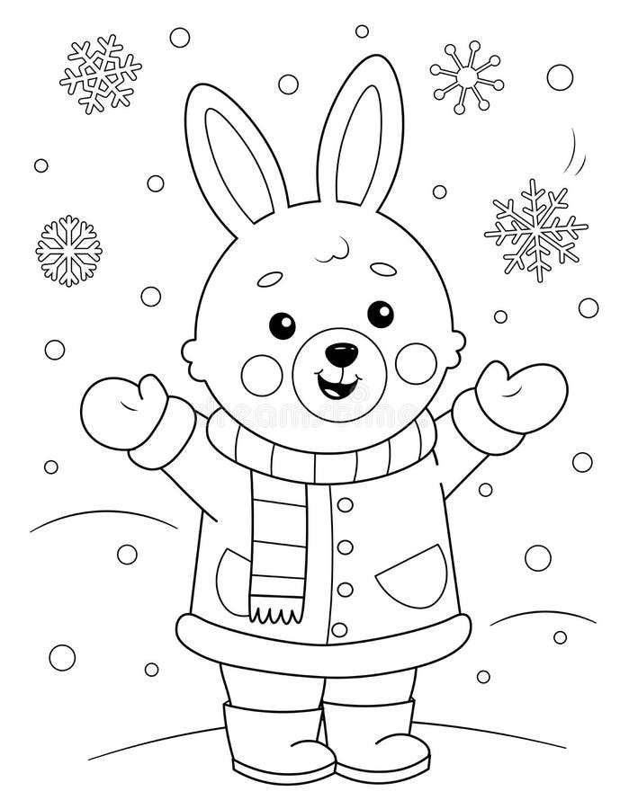 Coloring page of a cute cartoon bunny in winter clothes enjoying the snow coloring book for kids stock vector
