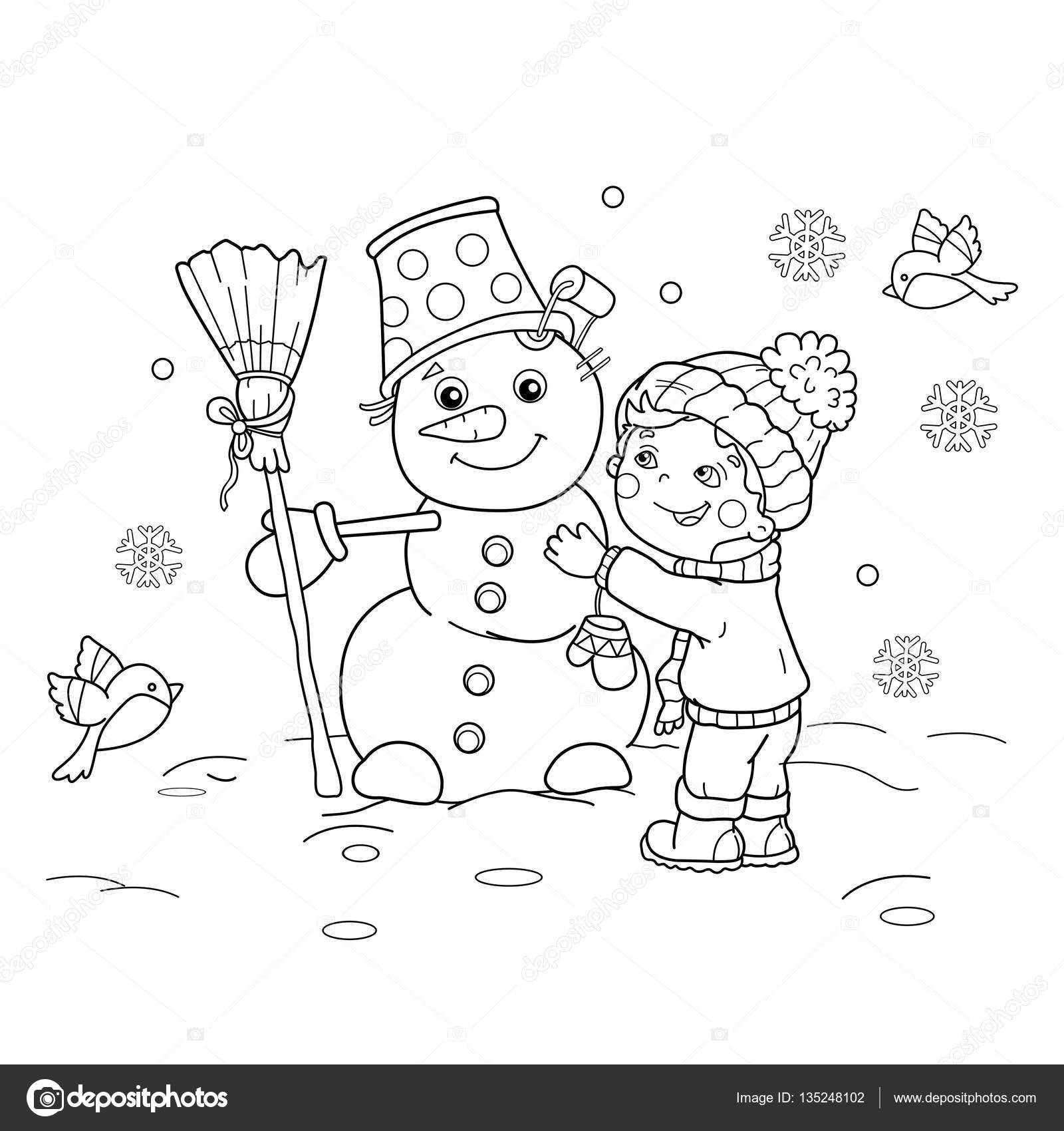Pãgina para colorear esquema de nião de dibujos animados con muãeco de nieve el invierno libro para colorear para niãos vector de stock por oleon