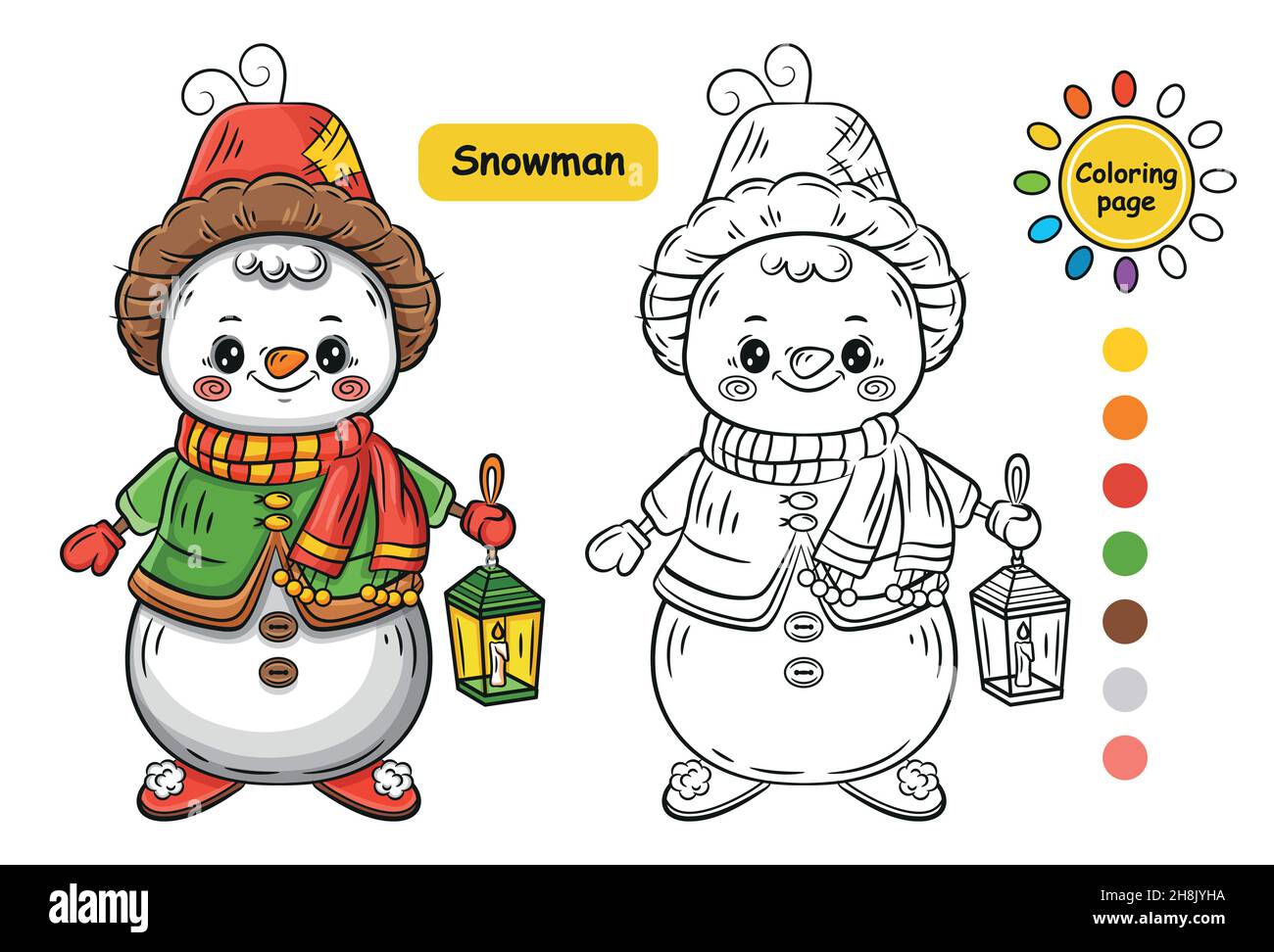 Pãgina para colorear de muãeco de nieve de invierno para niãos precolar hombre de nieve de hielo de bolas de nieve con linterna nião educaciãn libro para colorear vector de carãcter de