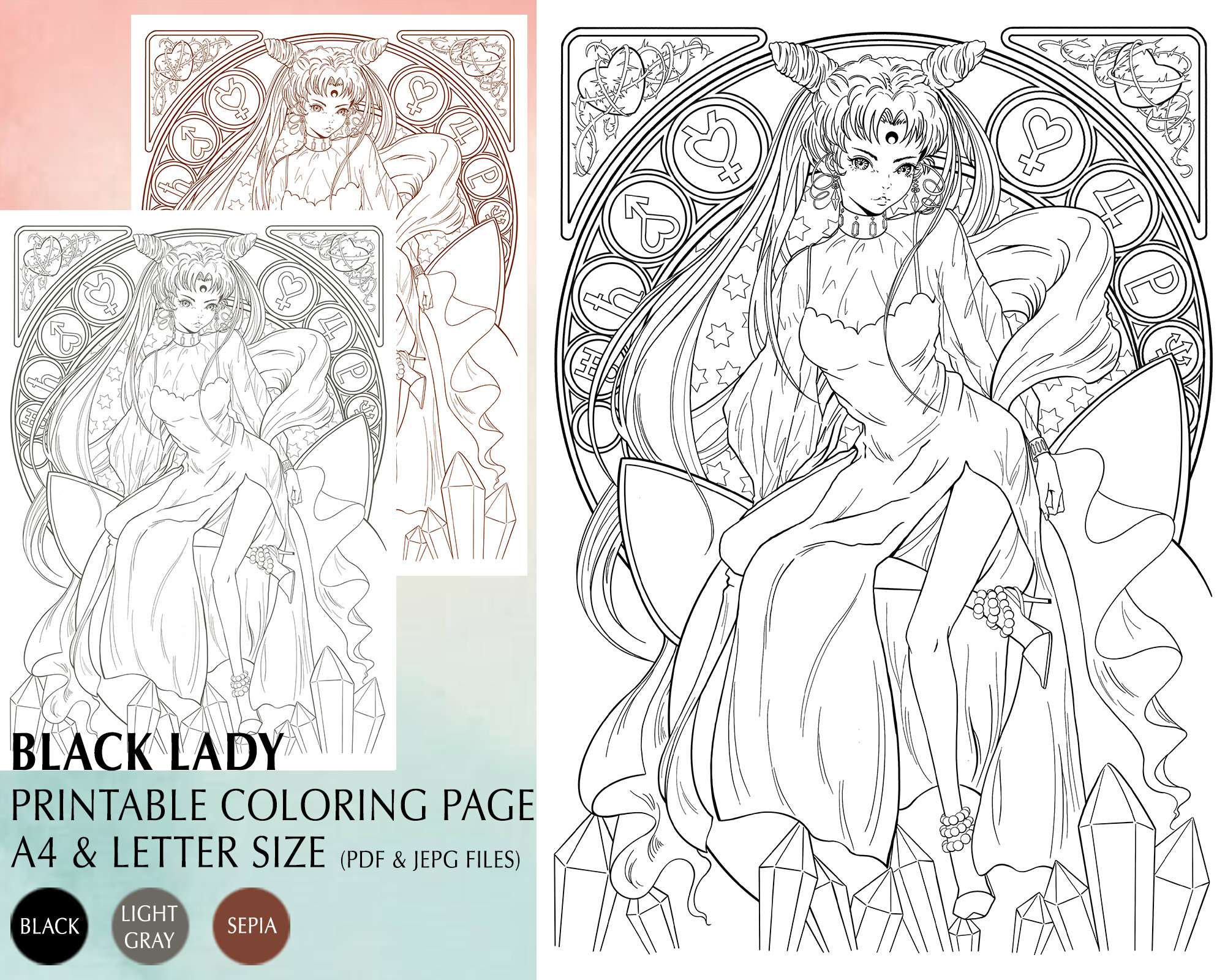 Printable coloring page sailor moon black lady luna fan art printable sheet a design digital file anime manga art instant download pdf instant download