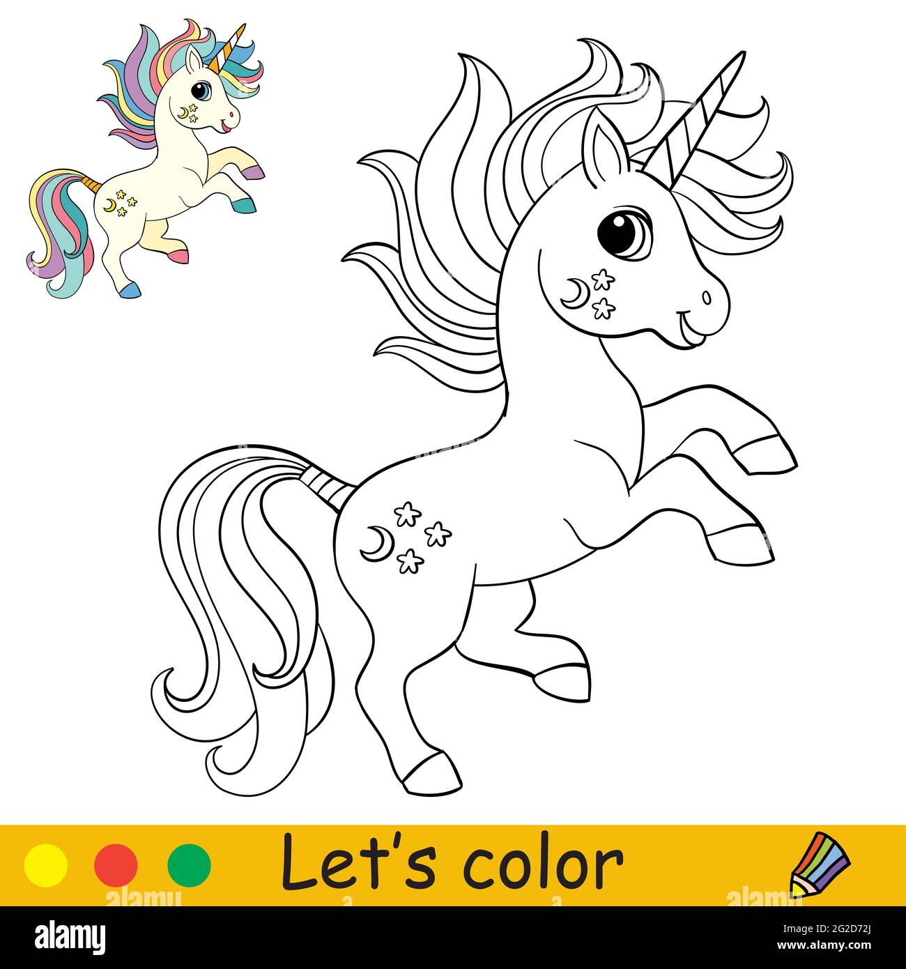Dibujos animados lindo y divertido salto unicornio pãgina de libro para colorear con plantilla de color para niãos ilustraciãn vectorial aislada para colorear libro imprimir ga imagen vector de stock