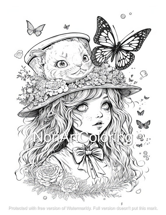 Dibujo para colorear anime alicia en el paãs de las maravillas con gato de cheshire dibujos para colorear para adultos imprimibles descargar ilustraciãn en blanco y negro