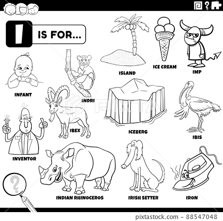 Letter i words educational set coloring book page
