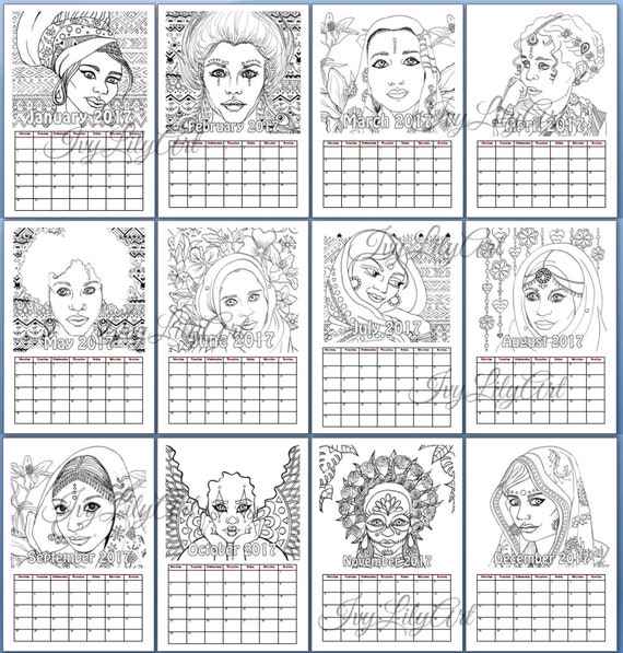 Printable coloring calendar indian african girl portraits pdf download