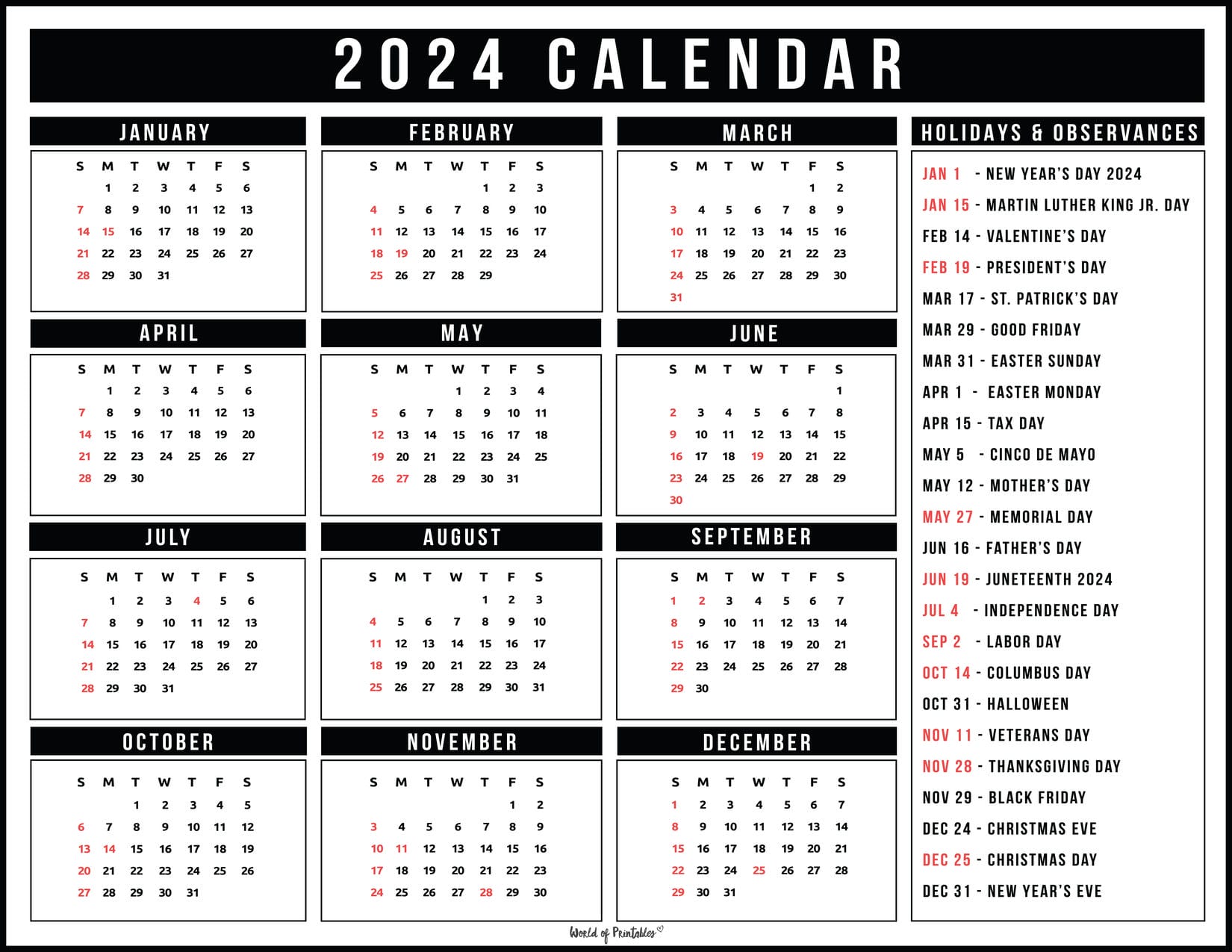 Calendar with holidays