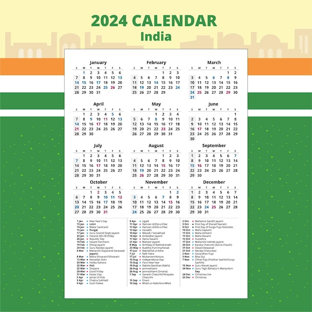 Premium vector set of india calendar template vector with public holiday new delhi month date