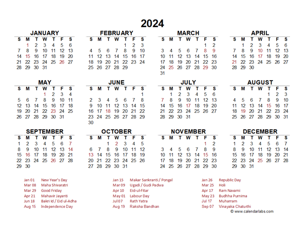 Year at a glance calendar with india holidays