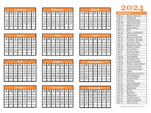 Hindu festivals calendar template