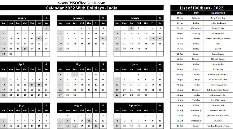 Printable calendar with indian holidays