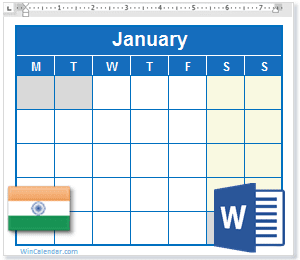 Calendar with india holidays