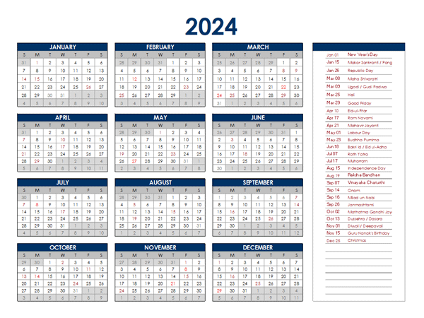 India annual calendar with holidays