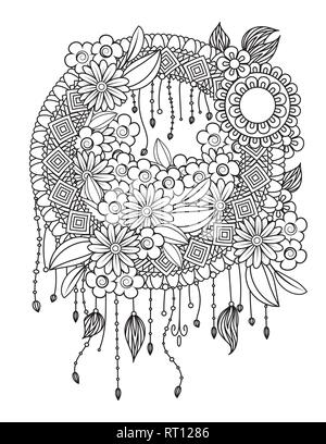 Adult coloring page with dreamcatcher with feathers and flowers native american indian talisman black and white doodle ornament isolated on white background stock vector image art